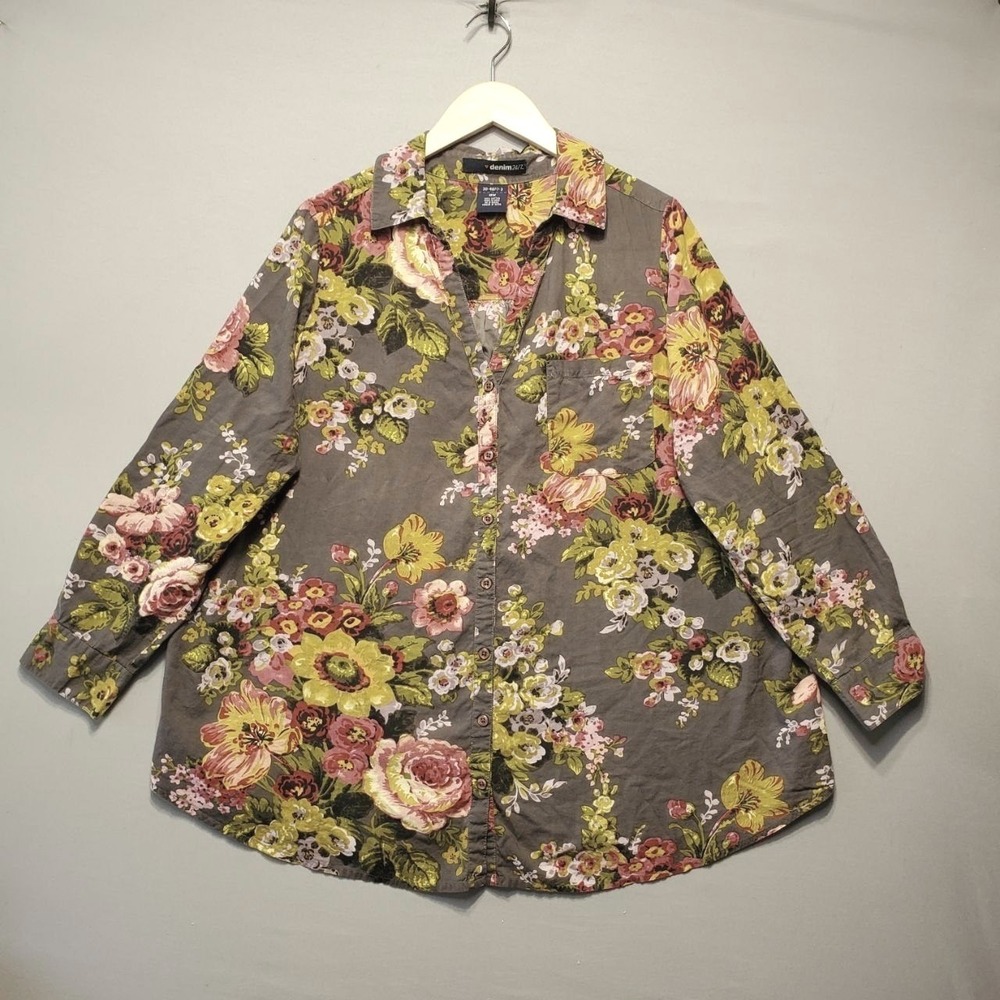 Denim 24/7 Button Up Women 18W Gray Floral Cotton Long Sleeve Casual Blouse